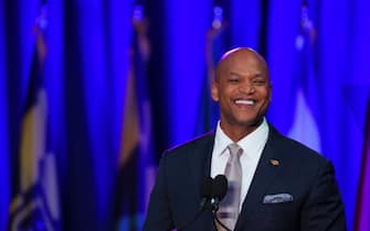 Nov 8, 2022; Baltimore, MD, USA; Maryland Democrat Governor-elect Wes Moore celebrates in Baltimore, MD defeating Republican governor candidate Dan Cox in the Maryland governor race on election night, Nov. 8, 2022. Mandatory Credit: Jack Gruber-USA TODAY/Sipa USA