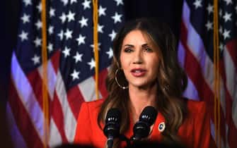 November, 8, 2022; Sioux Falls, SD, USA; South Dakota Governor Kristi Noem speaks after winning reelection on Tuesday evening, November 8, 2022, at the Hilton Garden Inn in Sioux Falls. Mandatory Credit: Erin Woodiel-USA TODAY NETWORK/Sipa USA