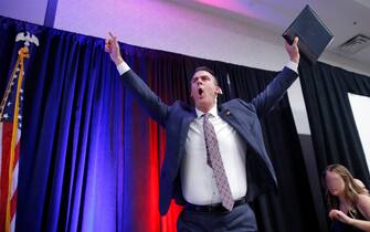Nov 8, 2022; Oklahoma City, OK, USA; Gov. Kevin Stitt reacts as he takes stage during a GOP election night watch party to speak to a crowd after winning the Oklahoma gubernatorial race in Oklahoma City, Tuesday, Nov. 8, 2022. Mandatory Credit: Bryan Terry-USA TODAY NETWORK/Sipa USA