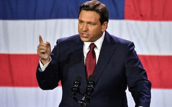 Nov 8, 2022; Tampa, FL, USA; Florida Gov. Ron DeSantis, with his wife, Casey, delivers his victory speech Tuesday night, Nov. 8, 20220 at the Tampa Convention Center. Mandatory Credit: Mike Lang-USA TODAY NETWORK/Sipa USA