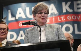 TOPEKA, KS - NOVEMBER 08: Incumbent Democratic Gov. Laura Kelly addresses the crowd during her watch party at the Ramada Hotel Downtown Topeka on November 8, 2022 in Topeka, Kansas. Kelly finds herself in a tight race with Republican Attorney General Derek Schmidt in her re-election bid. (Photo by Michael B. Thomas/Getty Images)