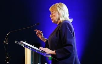 BANGOR, ME - MAY 14: Gov. Janet Mills speaks during the Democratic State Convention at the Cross Insurance Center in Bangor on Saturday. (Staff photo by Ben McCanna/Portland Press Herald via Getty Images)