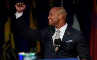 Nov 8, 2022; Baltimore, MD, USA; Maryland Democrat Governor-elect Wes Moore celebrates in Baltimore, MD defeating Republican governor candidate Dan Cox in the Maryland governor race on election night, Nov. 8, 2022. Mandatory Credit: Jack Gruber-USA TODAY/Sipa USA