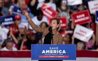 Iowa Governor Kim Reynolds speaks at Former President Donald Trump's rally, on Saturday, Oct. 9, 2021, in Des Moines, Iowa. (Photo by Kelsey Kremer/The Register / USA TODAY NETWORK/USA Today Network/Sipa USA)