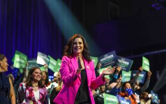 November, 8, 2022; Detroit, MI, USA; Governor Gretchen Whitmer speaks to a crowd while celebrating her re-election during the Michigan Democratic watch party for the midterm elections at the Motor City Casino Sound Board in Detroit on Tuesday, November 8, 2022. Mandatory Credit: Ryan Garza-USA TODAY NETWORK/Sipa USA