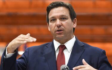Florida Gov. Ron DeSantis speaks at a press conference at LifeScience Logistics to urge the Biden administration to approve Florida's plan to import prescription drugs from Canada, thereby saving Floridians an estimated $100 million annually on drug costs. (Photo by Paul Hennessy / SOPA Images/Sipa USA)