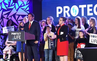 Governor Ron DeSantis speaks to pro-life supporters before signing Florida’s 15-week abortion ban into law at Nacion de Fe church in Kissimmee. The law, which goes into effect July 1, bans the procedure after 15 weeks of pregnancy without exemptions for rape, incest or human trafficking, but does allow exemptions in cases where a pregnancy is “serious risk” to the mother or a fatal abnormality is detected if two physicians confirm the diagnosis in writing. (Photo by Paul Hennessy / SOPA Images/Sipa USA)