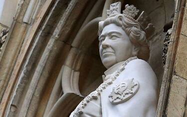 Part of a statue of the late Queen Elizabeth II, unveiled by Britain's King Charles III as part of his two-day tour of Yorkshire, is pictured at York Minster, in York, northern England on November 9, 2022. - The statue of Queen Elizabeth II is one of a number of projects emerging from the York Minster Neighbourhood Plan and funded by the York Minster Fund (YMF), and was designed and carved by York Minster stonemason Richard Bossons. (Photo by Lindsey Parnaby / AFP) (Photo by LINDSEY PARNABY/AFP via Getty Images)