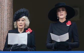 13/11/2022. London, United Kingdom. Camilla, Queen Consort and Kate Middleton, the Princess of Wales , at the Remembrance Sunday service at The Cenotaph in London., Credit:Stephen Lock / Avalon