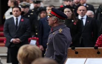 King Charles III salutes during the Remembrance Sunday service at the Cenotaph, in Whitehall, London. Picture date: Sunday November 13, 2022.