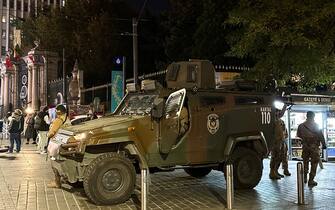 TURKEY, ISTANBUL - NOVEMBER 13, 2022: An armoured police vehicle is seen at the scene of an explosion in Istiklal, a pedestrian street in Beyoglu District in the European part of Istanbul. According to official reports, six people were killed and 81 sustained injuries in the explosion. Turkey’s President Erdogan said that the Turkish authorities consider the explosion to be a terrorist attack carried out by a woman detonating a bomb. Ksenia Semenovskaya/TASS/Sipa USA