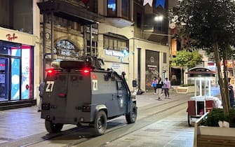 TURKEY, ISTANBUL - NOVEMBER 13, 2022: An armoured police vehicle is seen at the scene of an explosion in Istiklal, a pedestrian street in Beyoglu District in the European part of Istanbul. According to official reports, six people were killed and 81 sustained injuries in the explosion. Turkey’s President Erdogan said that the Turkish authorities consider the explosion to be a terrorist attack carried out by a woman detonating a bomb. Ksenia Semenovskaya/TASS/Sipa USA