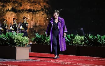 epa10306973 IMF Managing Director Kristalina Georgieva arrives to attend a Welcoming Dinner of the G20 Leaders' Summit at the Garuda Wisnu Kencana Cultural Park in Bali, Indonesia, 15 November 2022. The 17th Group of Twenty (G20) Heads of State and Government Summit runs from 15 to 16 November 2022.  EPA/WILLY KURNIAWAN / POOL