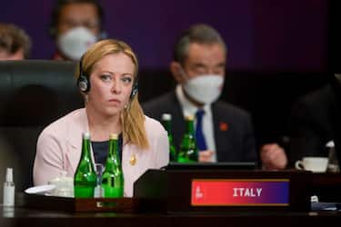 Italy's Prime Minister Giorgia Meloni attends a working session on energy and food security during the G20 Summit in Nusa Dua on the Indonesian resort island of Bali on November 15, 2022. (Photo by BAY ISMOYO / POOL / AFP) (Photo by BAY ISMOYO/POOL/AFP via Getty Images)