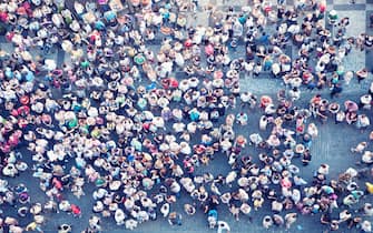 Elevated view of large group of people.