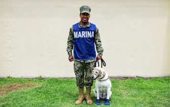 A rescue dog from the Mexican Navy, Frida, and her trainer Israel Arauz Salinas, pose for a picture during a training session in Mexico City, on September 6, 2018. - Frida, a nine-year-old Labrador retriever who was a hero among rescue dogs in the September 2017 quake, is close to retirement. A year after a quake shook central Mexico leaving 369 people killed and thousands affected, life continues in the midst of mourning for those who lost their home or their loved ones. (Photo by RONALDO SCHEMIDT / AFP)        (Photo credit should read RONALDO SCHEMIDT/AFP via Getty Images)