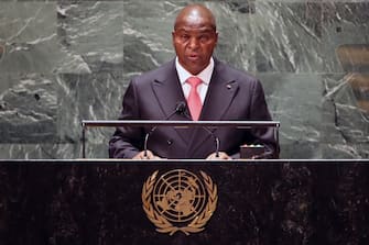 NEW YORK, NEW YORK - SEPTEMBER 21: Central African Republic President Faustin-Archange TouadÃ©ra speaks during the annual gathering in New York City for the 76th session of the United Nations General Assembly (UNGA) on September 21, 2021 in New York City. This year's event, which has been shortened due to Covid-19 restrictions, will highlight the global issues of defeating the Covid-19 pandemic and of re-invigorating the post-pandemic global economy. (Photo by Spencer Platt/Getty Images)