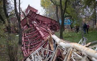 Destroyed TV tower, by the Russian, in Kherson, after the liberation of the town, on November 13, 2022, amid Russia invasion of Ukraine. On November 11, 2022, Russia said it had pulled back more than 30,000 troops in the southern region. Photo by Raphael Lafargue/ABACAPRESS.COM