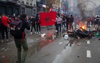 Illustration picture shows incidents during the celebrations of Moroccan supporters and police forces present in the center of Brussels, during a soccer game between Belgium's national team the Red Devils and Morocco, in Group F of the FIFA 2022 World Cup, on Sunday 27 November 2022. BELGA PHOTO NICOLAS MAETERLINCK (Photo by NICOLAS MAETERLINCK/Belga/Sipa USA)