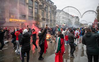 Illustration picture shows Moroccan supporters celebrate the victory in the center of Brussels, during a soccer game between Belgium's national team the Red Devils and Morocco, in Group F of the FIFA 2022 World Cup, on Sunday 27 November 2022. BELGA PHOTO NICOLAS MAETERLINCK (Photo by NICOLAS MAETERLINCK/Belga/Sipa USA)