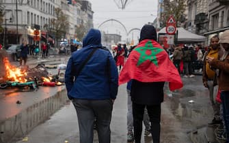 Illustration picture shows incidents and police forces present in the center of Brussels, during a soccer game between Belgium's national team the Red Devils and Morocco, in Group F of the FIFA 2022 World Cup, on Sunday 27 November 2022. BELGIAN PHOTO NICOLAS MAETERLINCK (Photo by NICOLAS MAETERLINK/Belgian/Sipa USA)