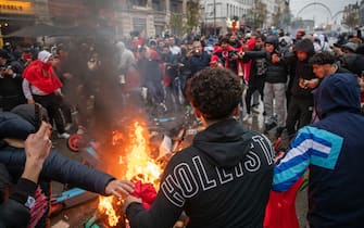 Illustration picture shows incidents during the celebrations of Moroccan supporters and police forces present in the center of Brussels, during a soccer game between Belgium's national team the Red Devils and Morocco, in Group F of the FIFA 2022 World Cup, on Sunday 27 November 2022. BELGIAN PHOTO NICOLAS MAETERLINCK (Photo by NICOLAS MAETERLINCK/Belgian/Sipa USA)