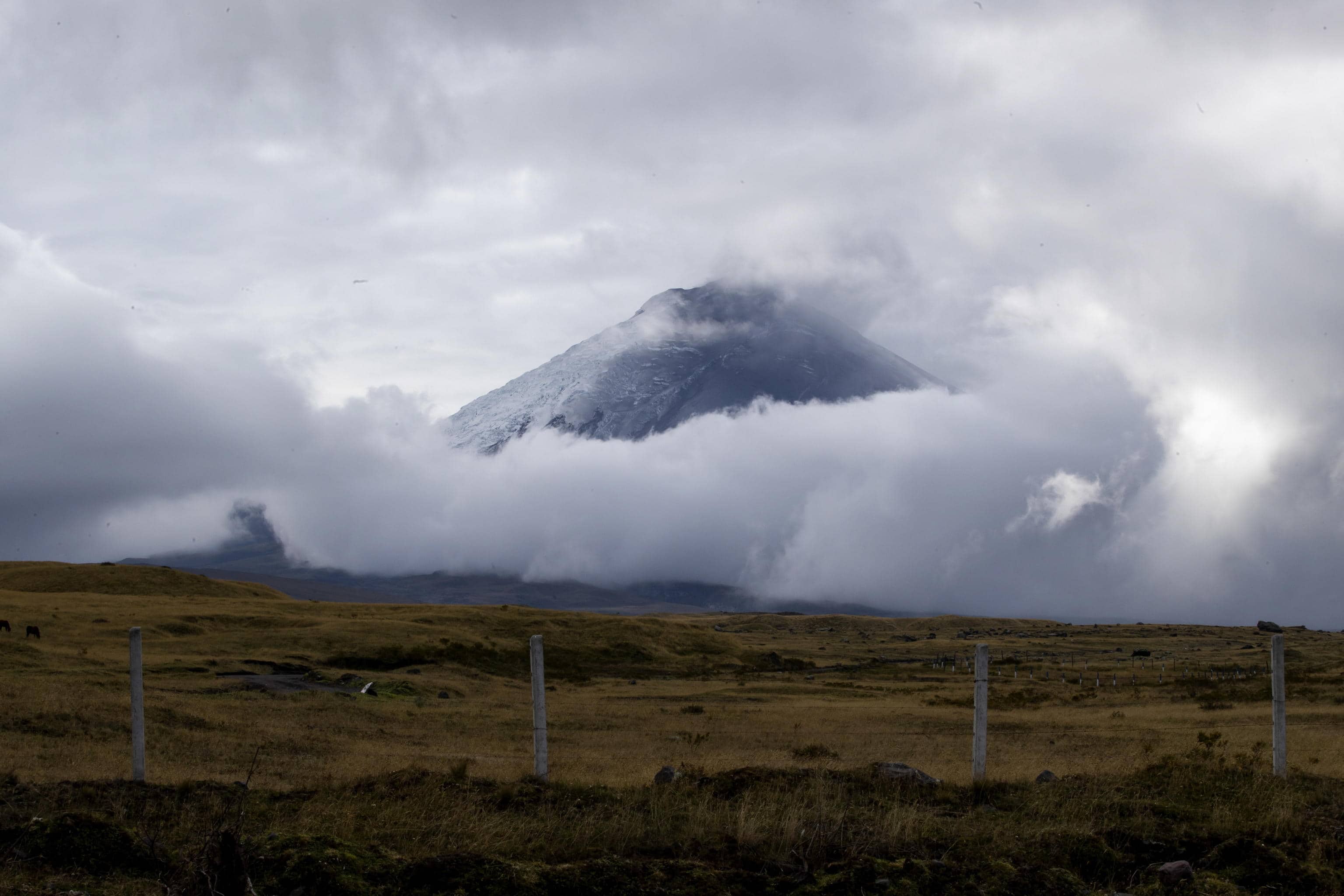 epa10330744 The Cotopaxi volcano, in the cantons of Quito and Mejia, in the province of Pichincha, Ecuador, 26 November 2022. A slight ash fall from the Cotopaxi volcano was recorded this 26 November in the Quito and Mejía cantons, in the Ecuadorian province of Pichincha, reported the National Risk and Emergency Management Service of Ecuador. In his social networks, he explained that the fall of volcanic dust was reported in the parishes of Quitumbe, Guamaní, La Merced, Amaguaña, as well as in San Juan, the Historic Center, La Mena, Chillogallo and La Ecuatoriana (south and center of Quito).  EPA/Jose Jacome
