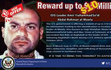 epa09725293 An undated handout reward poster image released by the US State Department showing Abu Ibrahim al-Hashimi al-Qurayshi who US President Joe Biden reported was the target of a US military operation in Syria in Washington, DC, USA, 03 February 2022. Biden said on 03 February that a US raid in Syria killed Abu Ibrahim al-Hashimi al-Qurayshi - the leader of ISIS.  EPA/US STATE DEPARTMENT / HANDOUT HANDOUT EDITORIAL USE ONLY, NO SALES HANDOUT EDITORIAL USE ONLY/NO SALES