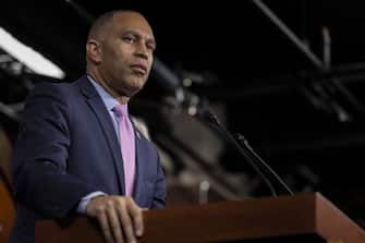 WASHINGTON, UNITED STATES- NOVEMBER 30: Newly elected House Democratic Leader Hakeem Jeffries (D-NY) holds a press conference alongside other newly elected member of House Democratic leadership on November 30th, 2022. (Photo by Nathan Posner/Anadolu Agency via Getty Images)