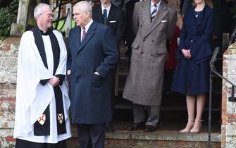 Prince Andrew talking to the vicar after the Christmas Day service at Sndringham Church., Credit:Malcolm Clarke / Avalon
