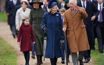 (left to right) Princess Charlotte, the Princess of Wales, the Queen Consort, Prince George, King Charles III and the Prince of Wales attending the Christmas Day morning church service at St Mary Magdalene Church in Sandringham, Norfolk.  Picture date: Sunday December 25, 2022.