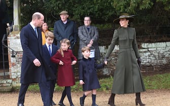 Prince and Princess of Wales leaving Sandringham Church with children George, Charlotte and Louis after Christmas Day service, Credit:Malcolm Clarke / Avalon