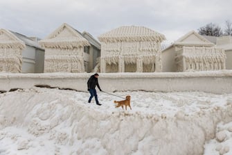 A person and dog walk by homes covered in ice at the waterfront community of Crystal Beach in Fort Erie, Ontario, Canada, on December 28, 2022, following a massive snow storm that knocked out power in the area to thousands of residents. (Photo by Cole Burston / AFP) (Photo by COLE BURSTON/AFP via Getty Images)