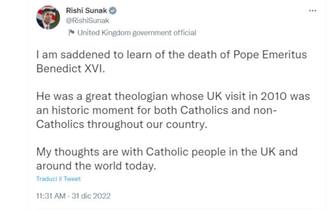 Il messaggio per Ratzinger di Rishi Sunak