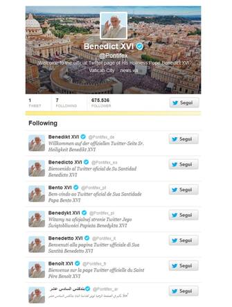 Il benvenuto al twitter ufficiale di papa Benedetto XVI in sette lingue il 12 dicembre 2012. ANSA / TWITTER