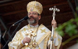 monsignor Sviatoslav Shevchuk, capo della Chiesa greco-cattolica ucraina July 14, 2019 - Zarvanytsia Village, Ternopil Region, Ukraine - Primate of the Ukrainian Greek Catholic Church Sviatoslav Shevchuk addresses believers during the traditional pilgrimage to the Zarvanytsia Marian Spiritual Centre famous for its miraculous icon of the Blessed Virgin Mary, Zarvanytsia village, Terebovlia district, Ternopil Region, western Ukraine, July 14, 2019. Ukrinform. (Credit Image: © Snitovsky Oleh/Ukrinform via ZUMA Wire)