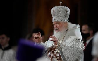 RUSSIA ORTHODOX EASTER epa09905323 Patriarch Kirill of Moscow and All Russia attends the Orthodox Easter holiday service at the Christ the Saviour Cathedral in Moscow, Russia, Russia, 23 April 2022. Easter is the central church holiday in Russian Orthodox church. EPA/ALEXANDER ZEMLIANICHENKO / POOL