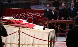Italian Prime Minister Giorgia Meloni pays her respects to Pope Emeritus Benedict XVI (Joseph Ratzinger) whose body lies in state in the Saint Peter's Basilica for public viewing, Vatican City, 02 January 2023. The funeral will take place on Thursday 05 January. ANSA/ETTORE FERRARI
