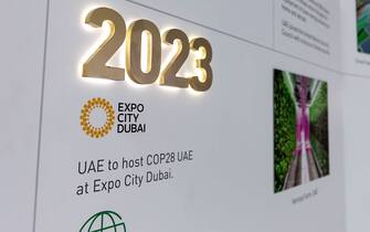 SHARM EL SHEIKH, SOUTH SINAI, EGYPT - 2022/11/18: United Arab Emirates Pavilion advertises next's year, 2023 conference in Dubai on the final day of the COP27 UN Climate Change Conference, held by UNFCCC in Sharm El-Sheikh International Convention Center. Dubai will hold COP28 in 2023. COP27, running from November 6 to November 18 in Sharm El Sheikh focuses on implementation of measures already agreed during previous COPs. The Conference in Sharm El Sheikh focuses also on the most vulnerable communities as the climate crisis hardens life conditions of those already most disadvantaged. (Photo by Dominika Zarzycka/SOPA Images/LightRocket via Getty Images)