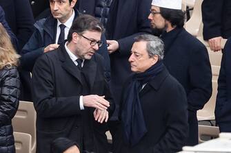 Italian Economy Minister Giancarlo Giorgetti (L) and Former Italian Prime Minister Mario Draghi during the funeral ceremony of Pope Emeritus Benedict XVI (Joseph Ratzinger), in Saint Peter's Square, Vatican City, 05 January 2023. Former Pope Benedict XVI died on 31 December 2022 at his Vatican residence, at the age 95. ANSA/FABIO FRUSTACI