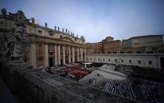 1246010580 VATICAN CITY, VATICAN - JANUARY 05: A general view during the funeral mass for Pope Emeritus Benedict XVI at St. Peter's square on January 5, 2023 in Vatican City, Vatican. Former Pope Benedict XVI, who served as head of the Catholic Church from 19 April 2005 until his resignation on 28 February 2013, died on 31 December 2022 aged 95 at the Mater Ecclesiae Monastery in Vatican City. Over 135,000 people paid their tributes on the first two days of the late pontiff's lying in state at St. Peter's Basilica. (Photo by Christopher Furlong/Getty Images)