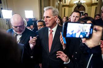 epa10391321 Republican Leader Kevin McCarthy speaks to the media as he leaves the House floor after another day of failed votes to become Speaker of the House in the US Capitol in Washington, DC, USA 05 January 2023. McCarthy s leadership bid will enter its fourth day when the House returns Friday.  EPA/JIM LO SCALZO