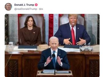 Nel bel mezzo del caos dei repubblicani che, nonostante la loro maggioranza, non riuscivano ad eleggere lo speaker alla Camera, Donald Trump ha pubblicato sul social Truth un fotomontaggio che lo ritrae mentre deride Joe Biden