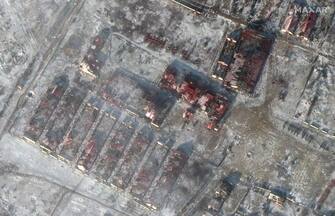 YAKOVLIVKA, UKRAINE -- JANUARY 10, 2023: 09 Maxar satellite (AFTER) imagery showing destroyed farm buildings in Yakovlivka, Ukraine.  Please use: Satellite image (c) 2022 Maxar Technologies.