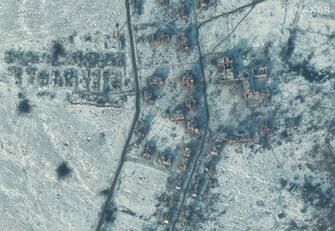 BAKHMUTSKE, UKRAINE -- JANUARY 10, 2023:  04 Maxar satellite (AFTER) imagery showing school and buildings destroyed in Bakhmutske, Ukraine.  11jan2023_ge.  Please use: Satellite image (c) 2022 Maxar Technologies.