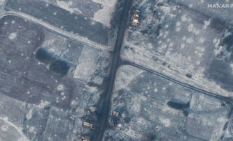 BAKHMUTSKE, UKRAINE -- JANUARY 10, 2023:  05 Maxar satellite imagery showing dragons teeth across roads south of Bakhmutske, Ukraine.  11jan2023_ge.  Please use: Satellite image (c) 2022 Maxar Technologies.