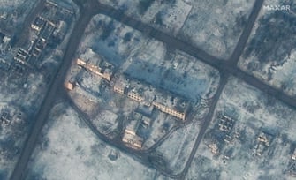 BAKHMUTSKE, UKRAINE -- JANUARY 10, 2023:  06 Maxar satellite imagery showing the destroyed Pokrovske School in Ukraine.  11jan2023_ge.  Please use: Satellite image (c) 2022 Maxar Technologies.