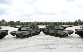 American Abrams tanks presented during the ceremony of signing the contract for the purchase of 250 of such machines for the Polish Army in the 1st Warsaw Armored Brigade in Wesola near Warsaw, on April 5, 2022. These are to be tanks in the latest version of SEPv3, in which the structure of the hull and turret were changed, and new electronic systems were introduced.  Photo by Damian Burzykowski / Newspix/ABACAPRESS.COM