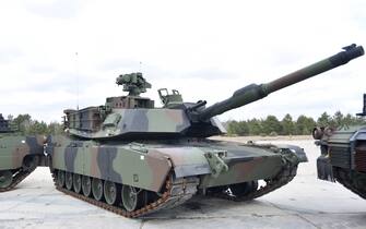 805131_005 American Abrams tanks presented during the ceremony of signing the contract for the purchase of 250 of such machines for the Polish Army in the 1st Warsaw Armored Brigade in Wesola near Warsaw, on April 5, 2022. These are to be tanks in the latest version of SEPv3, in which the structure of the hull and turret were changed, and new electronic systems were introduced. Photo by Damian Burzykowski / Newspix/ABACAPRESS.COM