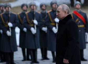 1246743149 VOLGOGRAD, RUSSIA - FEBRUARY 2: (RUSSIA OUT) Russian President Vladimir Putin attends a wreath laying ceremony while visiting the Mamayev Kurgan, a memorial comlplex commemorating the heroes of the Battle of Stalingrad on February 2, 2023, in Volgograd, Russia. President Putin has travelled for a one-day visit to the city of Volgograd (former Stalingrad) to mark the anniversary of the major battle on the Eastern Front of the Second World War. (Photo by Contributor/Getty Images)